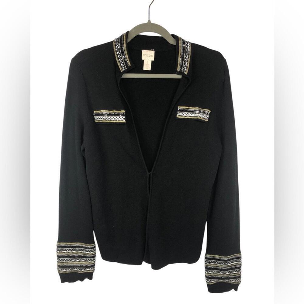 Chico’s Cardigan Sweater Beaded Sleeves and Collar Single Hook Closure